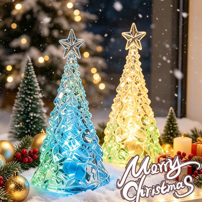 1-8PCS Christmas Mini Night Light Clear Crystal Acrylic Tabletop Ornament Holiday Home Decor Desk Decoration Gift