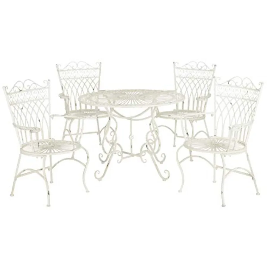 

Outdoor bistro dining set: antique white iron metal, vintage Victorian scrollwork, ideal for patio deck porch garden