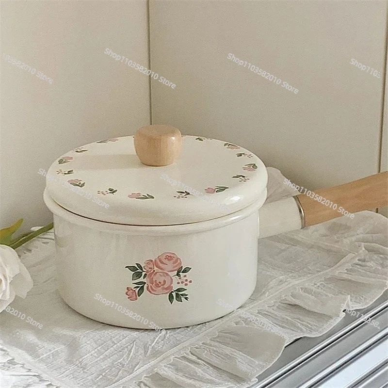 Vintage Pink Rose Enamel Milk Pan with Lid, Small Noodle Soup Pot Baby Food Cookware Kitchen Utensils