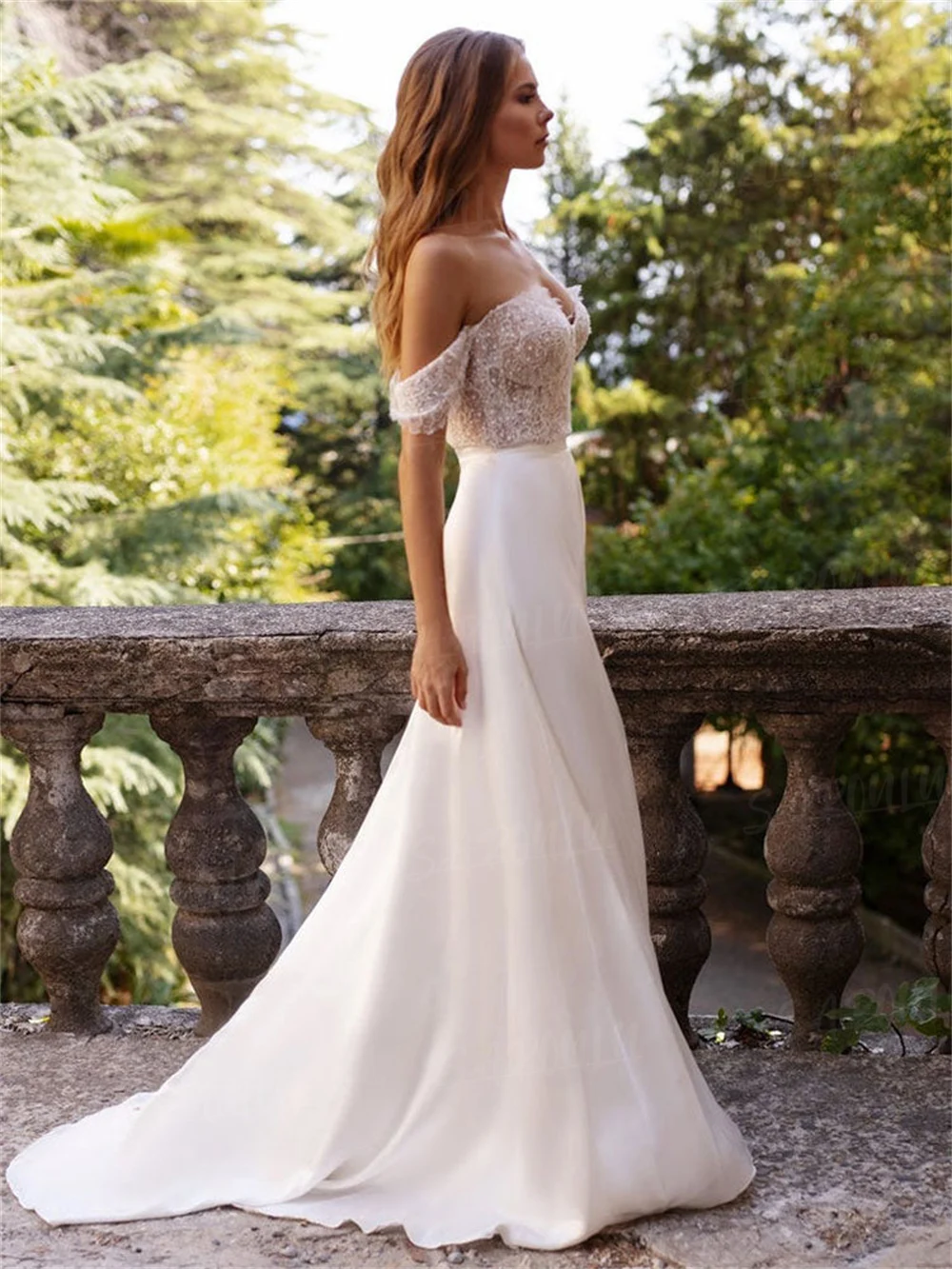 Robe de Mariée en Mousseline de Soie, Deux Pièces, Fente Haute, Manches Décolletées, Jupe de Balayage, Grande Taille, pour Patients