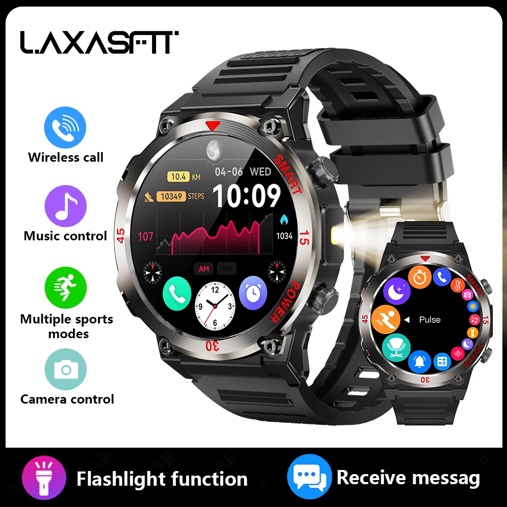 

LAXASFIT 2025 Новые прочные мужские умные часы для спорта на открытом воздухе, светодиодный фонарик, экран высокой четкости, Bluetooth, умные часы с вызовом