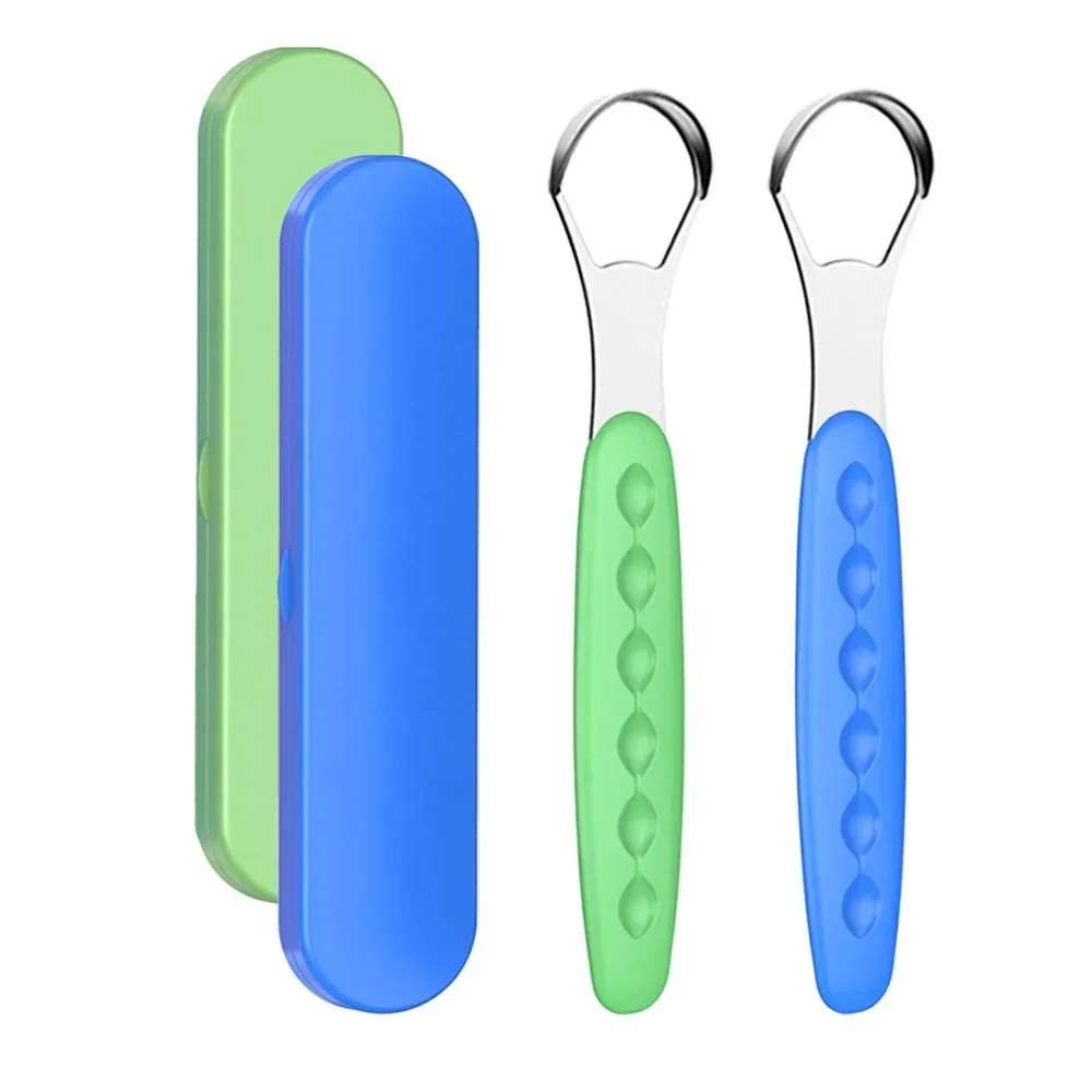 Portable Tongue Cleaner Tongue Scraper Reusable Stainless Steel Oral Mouth Brush Travel Case Black/Blue/Green Non-slip Handle