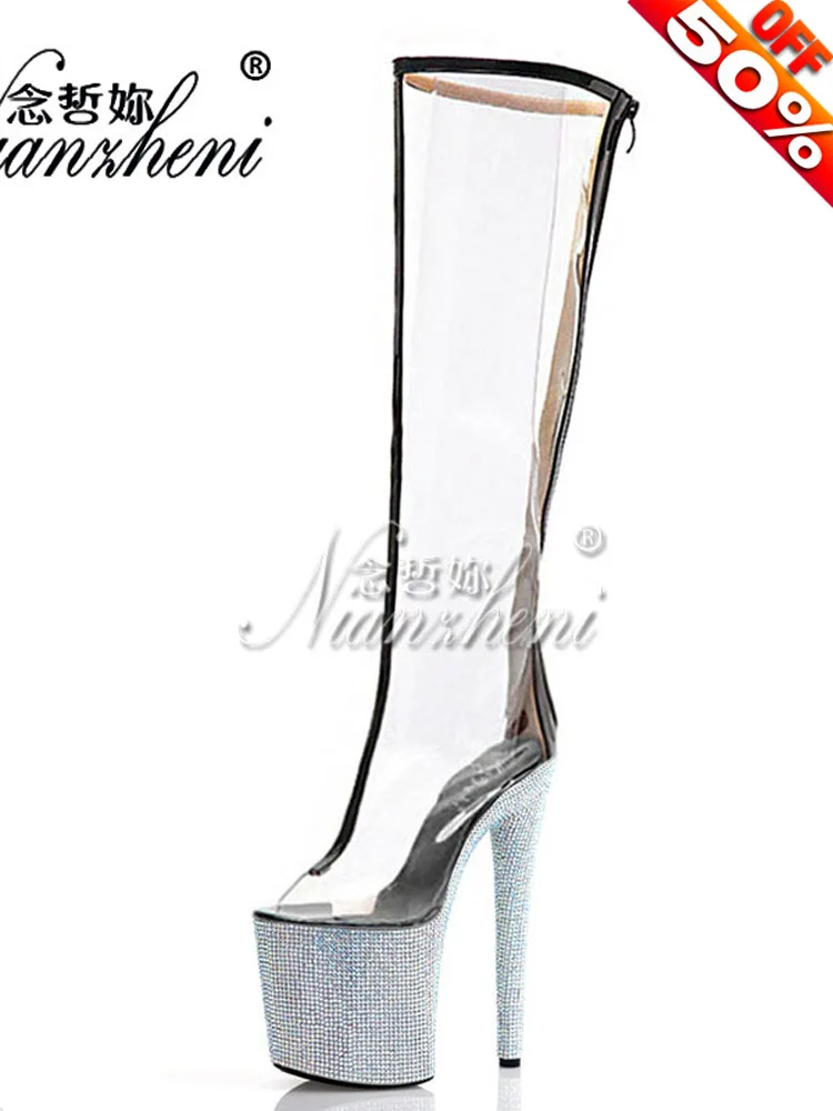 Elegant Stripper Peep Toe Nightclub Exotic Dancer 20cm Platform Big Size Gladiator Rransparent Mid-Calf Pole Dance Shoes Catwalk