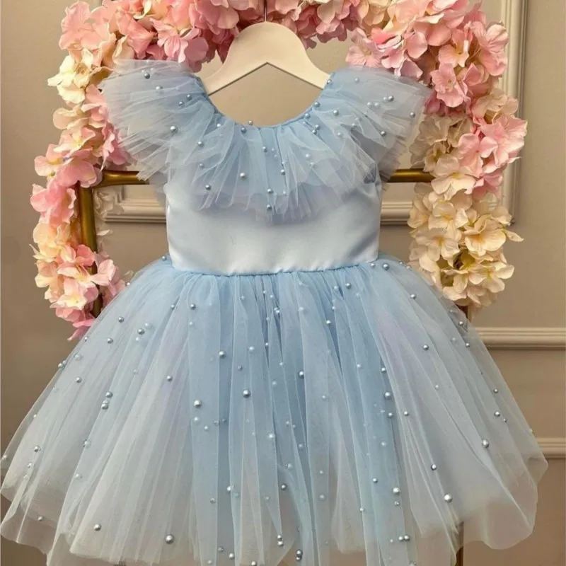 Baby Girl Princess Pearl Tutu Dress Ruffled Sleeve Infant Toddler Child Mesh Tulle Vestido Party Pageant Birthday Frocks 1-12Y