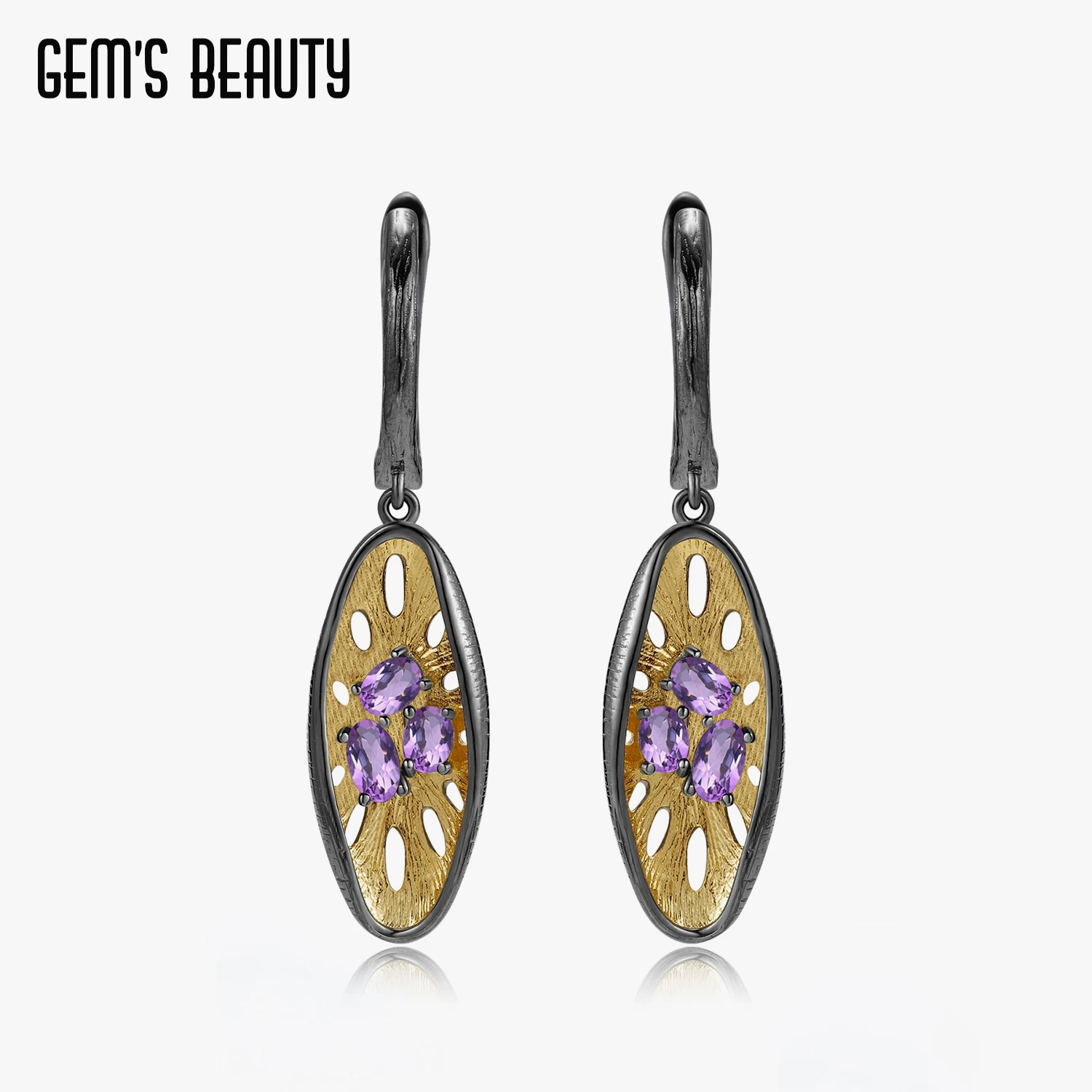 

GEM'S BEAUTY 925 Sterling Silver 18K Gold Filled Earring For Women Unique Three-Stone With Natural Amethyst Round Hive Earring