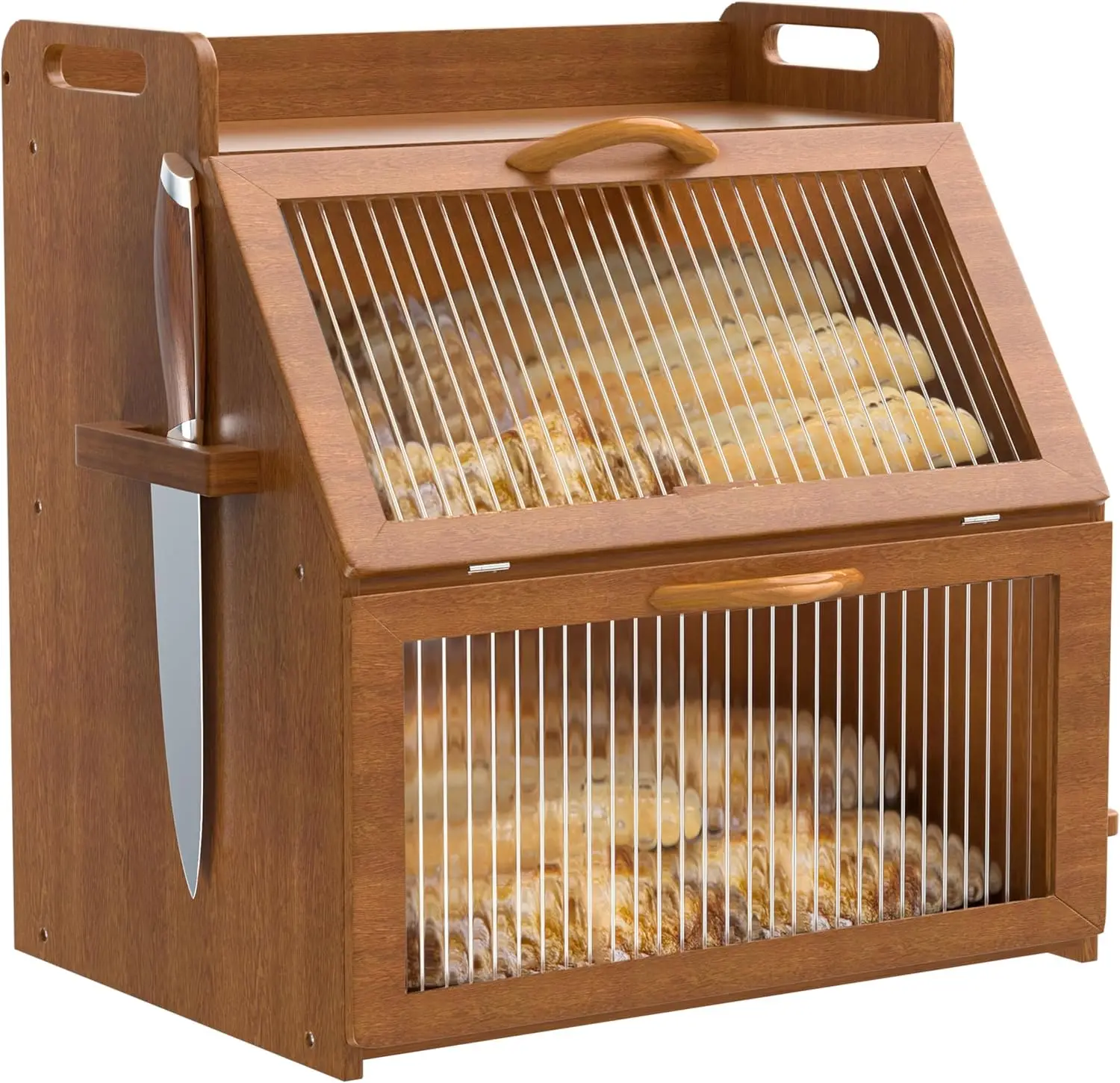 

Vintage Wooden Bread Box with Acrylic Window, Large Double Layer Storage for Homemade Bread