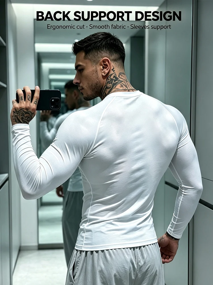 Men Quick Dry Compression Long Sleeve Shirt Stretch  Training Top Gym Workout Running Sports Base Layer Fitness Tee-J40