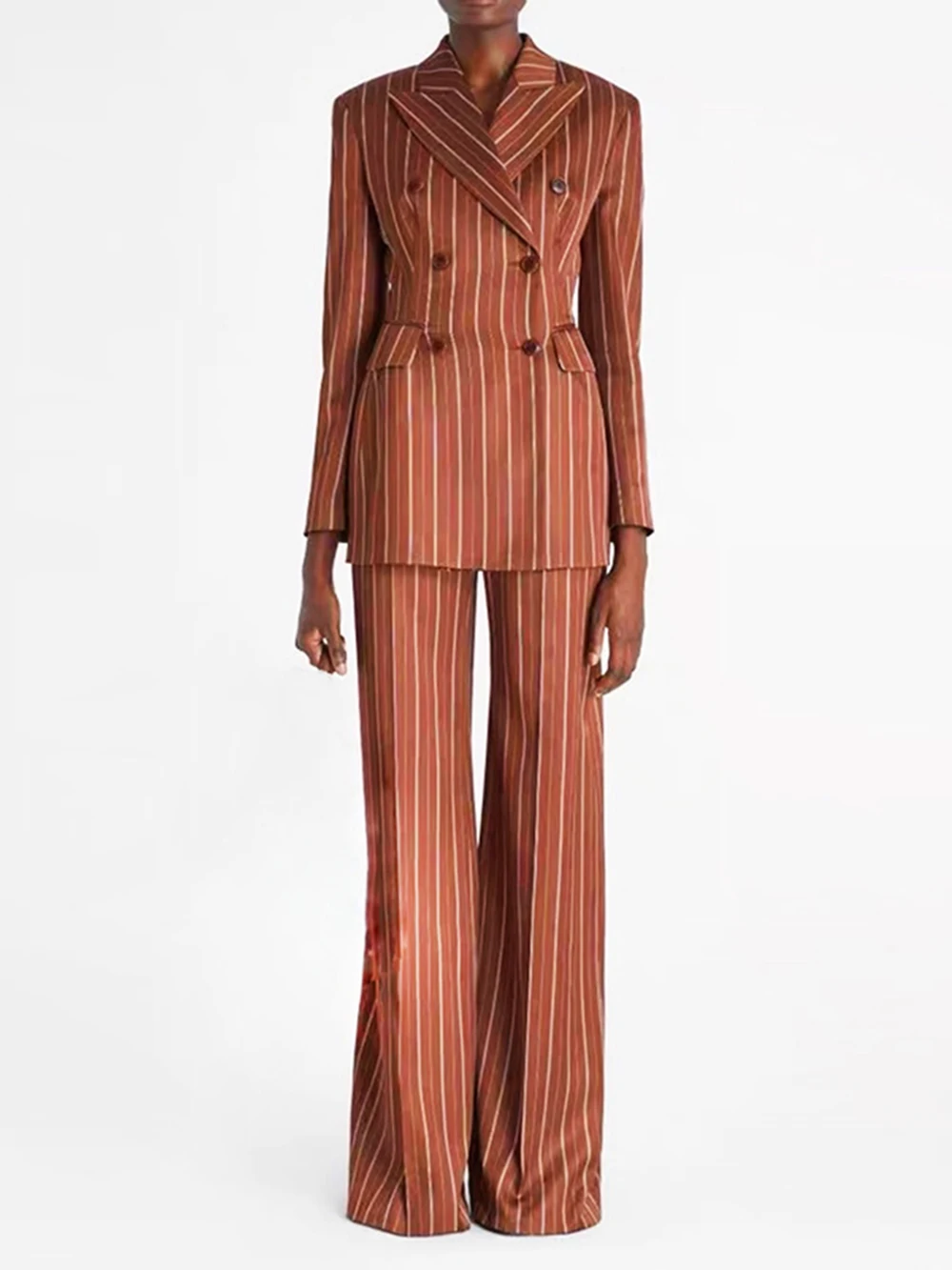 Modphy New 2026 Designer Suit Set Women's Double Breasted Striped Slim Blazer Pants Suit 2PCS