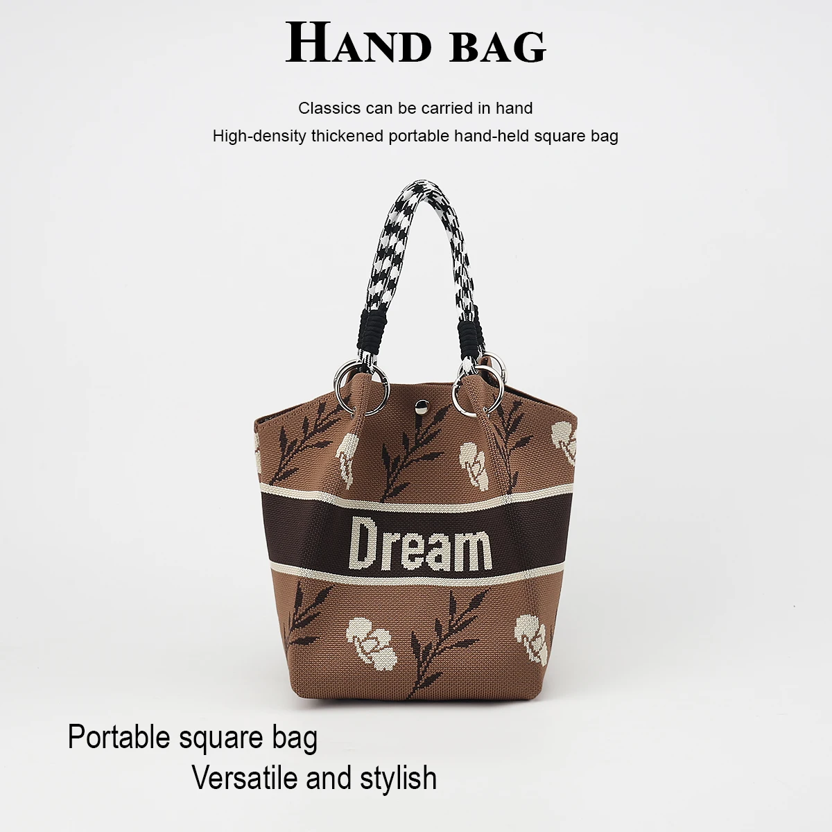 Women's casual handbag, elegant pattern, detachable circular buckle handle, mixed-color rope strap, easy and quick to close, suitable for commuting, shopping, traveling, and outings, can hold a cell phone, water bottle