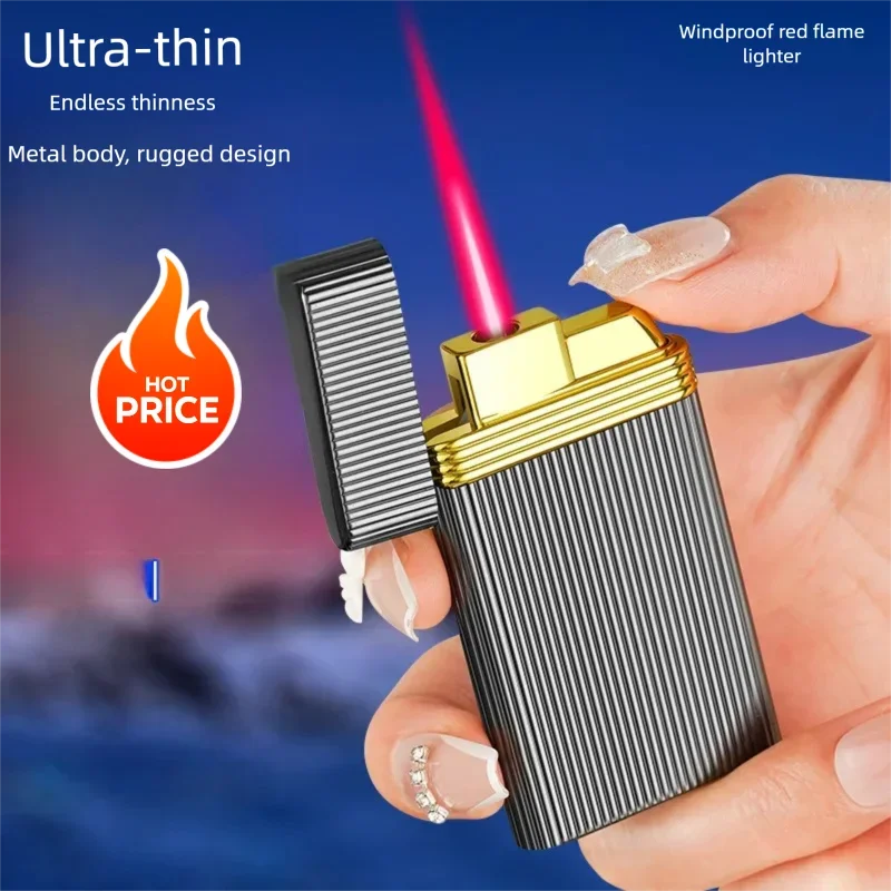 New Ultra-thin Body Windproof Straight Red Flame Inflatable Lighter with Metal Body Three-dimensional Lines High-end Men's Gift