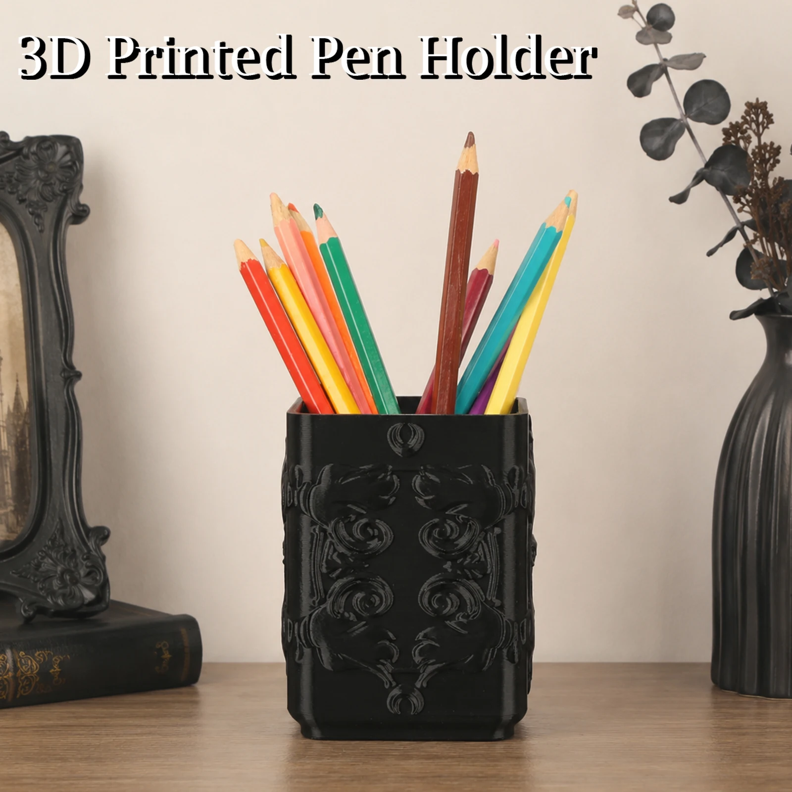 Cross‑border Black Baroque Carved Pen Holder Vintage Gothic Style Resin Stationery Storage Tube Desktop Study Decor Ornament