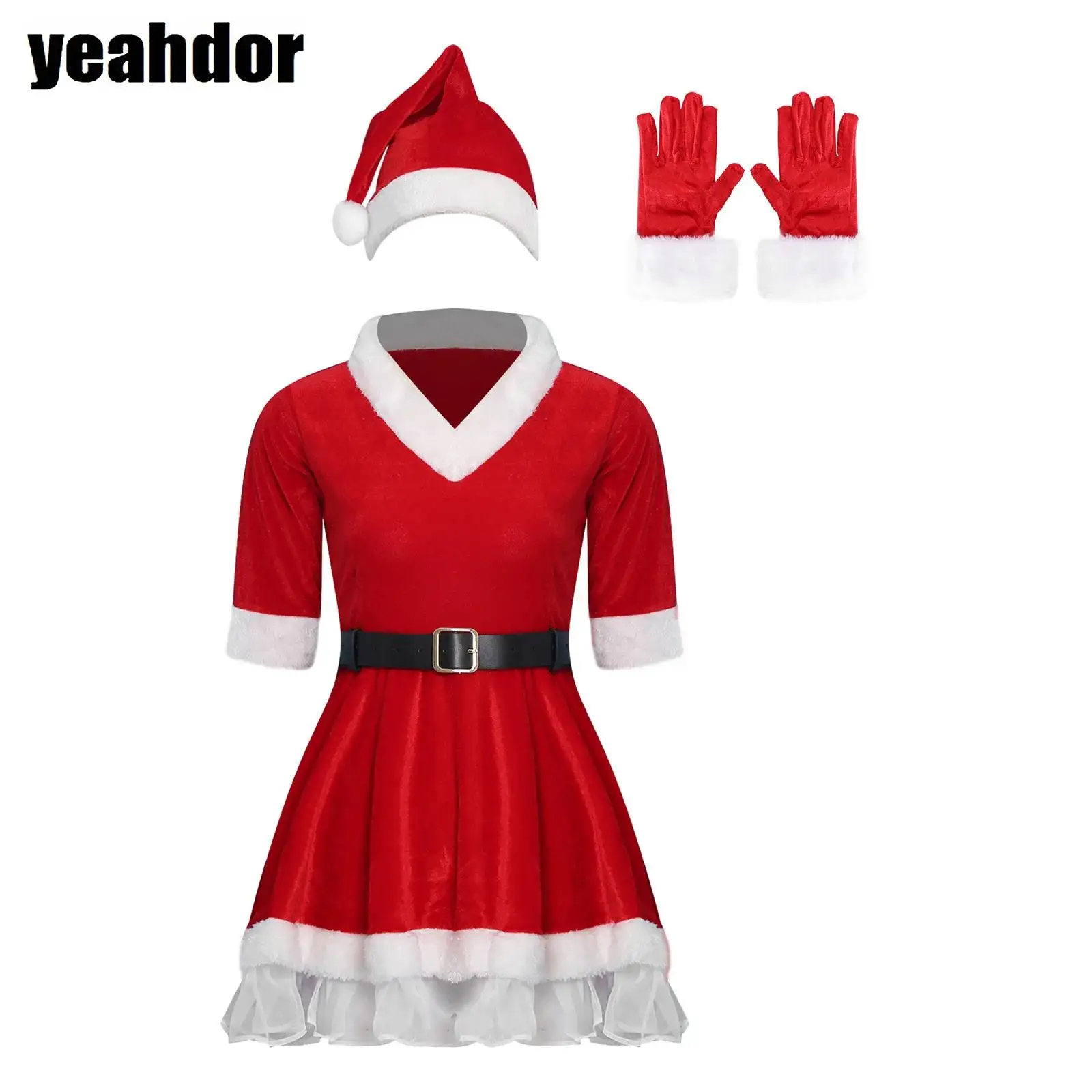 

Women Christmas Santa Claus Costume Mrs Claus Dress Half Sleeve Velvet A-Line Dress And Waist Belt Hat Gloves New Year Party Set