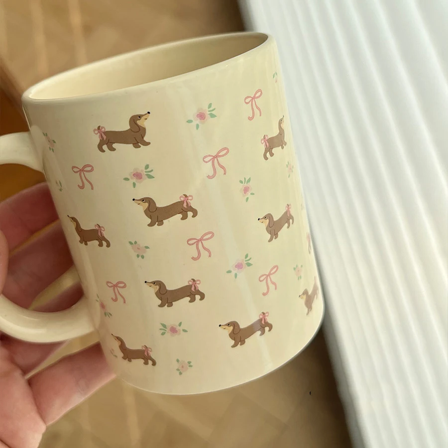 340ml Korean Style Cute Dachshund Pattern Ceramic Mug With Handle Coffee Cup Oatmeal Breakfast Mug Kitchen Drinkware