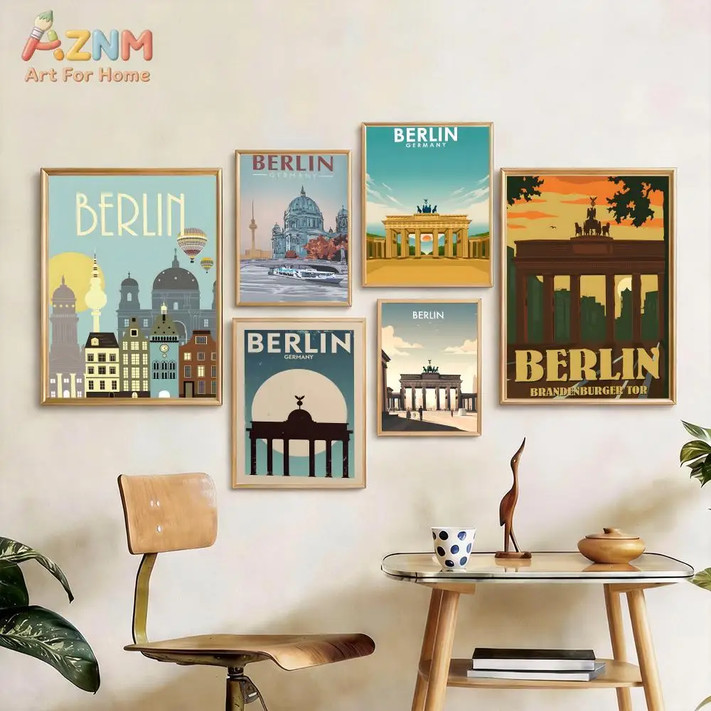 AZNM Berlin Germany Landmark Frameless Canvas Wall Art, Retro Travel Poster Print, Nordic Home Decor, Unframed Painting