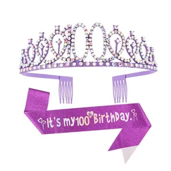 It's My 9 13 16 18 21 30 Birthday Sash and Rhinestone Tiara Crown Purple for Kid Girls Women Birthday Party Decorations Supplies
