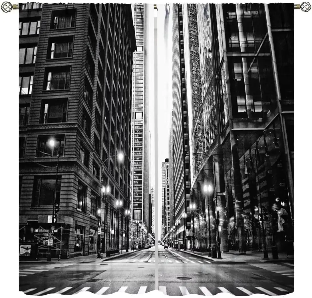 City Landscape Curtains,Chicago Skyline Urban Street View Black White Print Curtains for Bedroom Living Room Kitchen 2 Panels