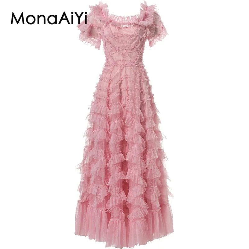 MonaAiYi-vestido feminino de cintura alta Split Midi, manga curta, emenda de malha, babados em camadas, listrado, verão