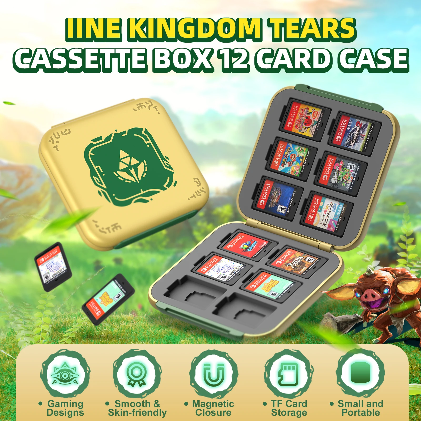 IINE Golden-Green Cassette Box 12 Card Case Compatible Nintendo Switch Game Cards