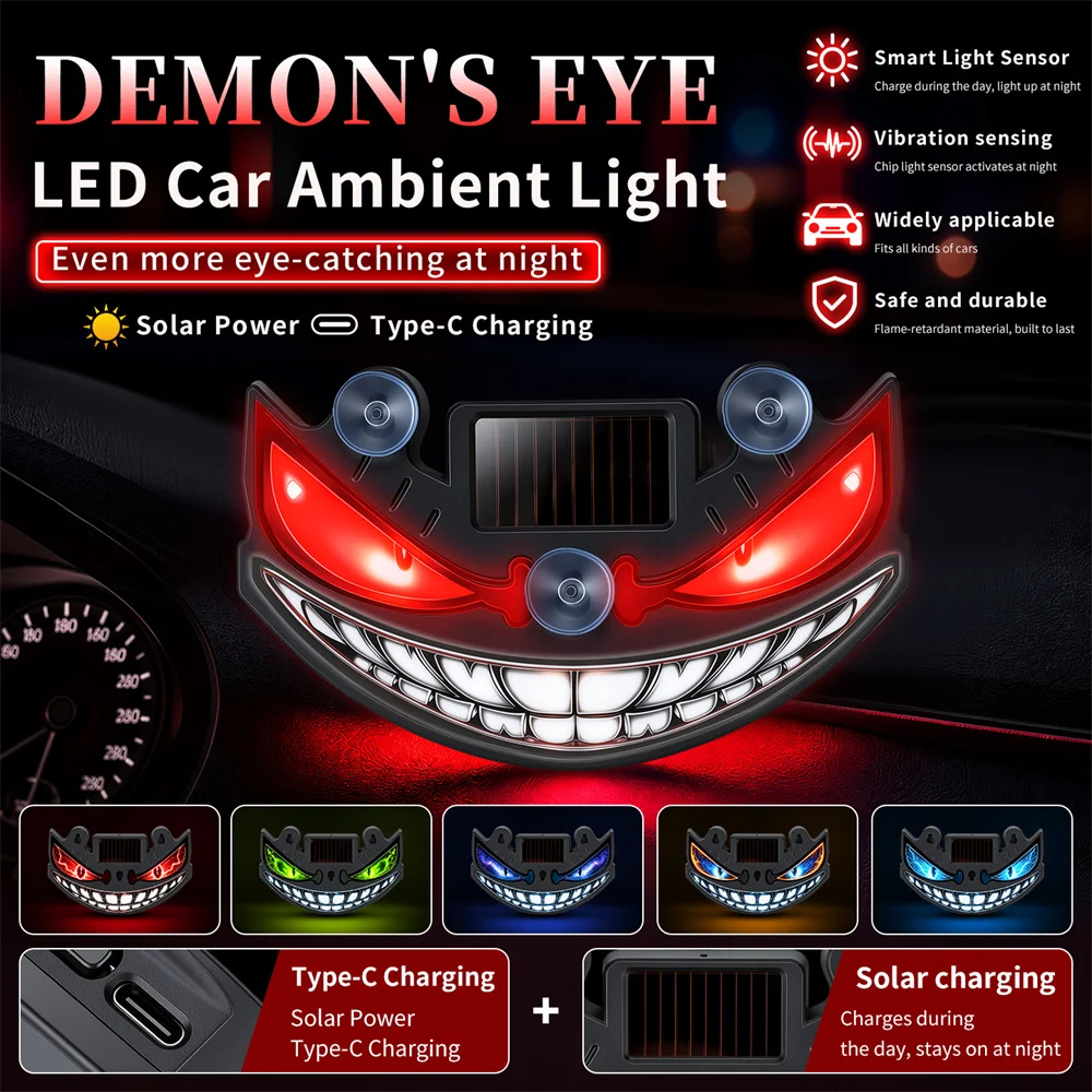 1/2Pcs Solar Devil Smile LED Light Multi Color Wireless Strobe Lamp For Auto Triangle Window Motorbike
