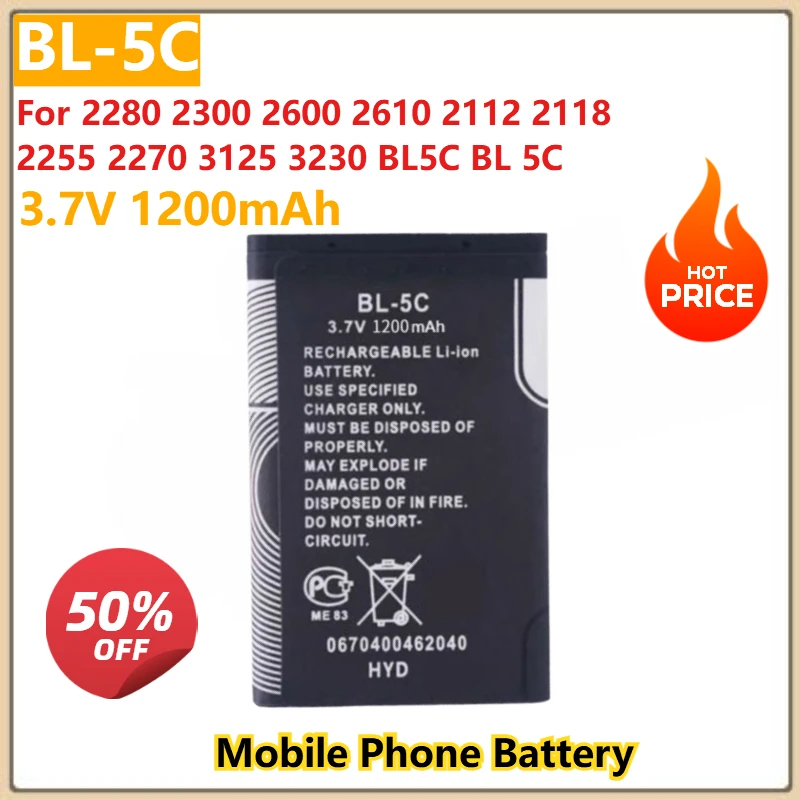 

3.7V 1200mAh BL-5C Replacement Mobile Phone Battery For 2280 2300 2600 2610 2112 2118 2255 2270 3125 3230 BL5C BL 5C