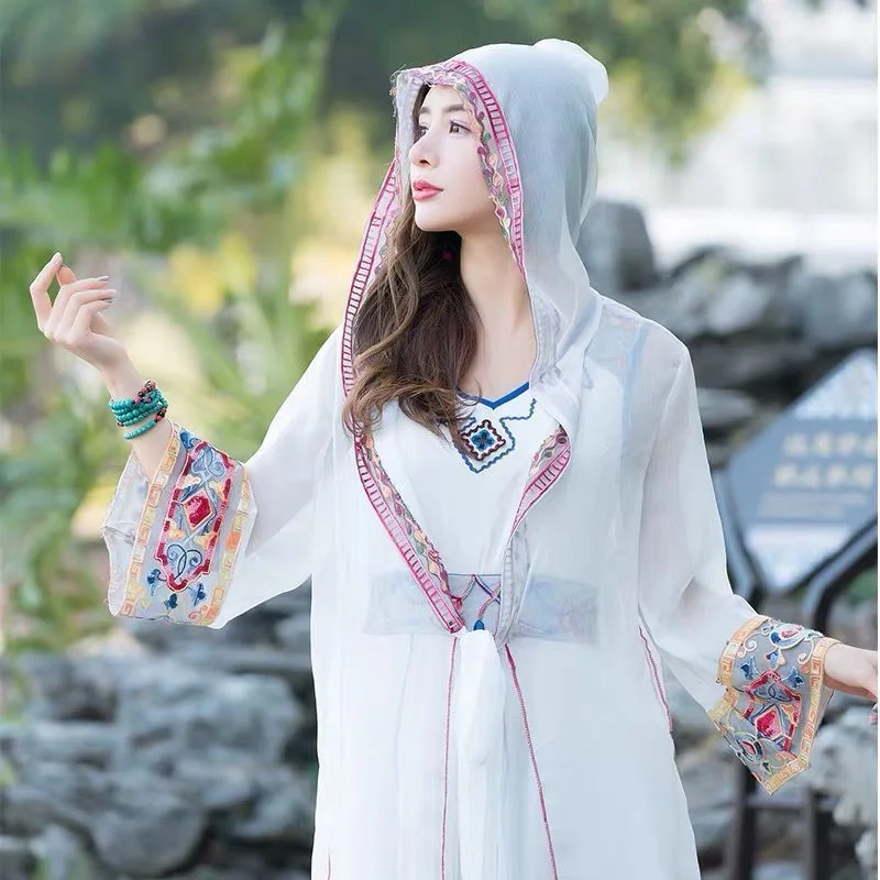 Xizang Desert Tourism New Red Ethnic Style Cape Cardigan Women's Sunscreen Chiffon 3/4 Sleeve Coat Cardigan Women