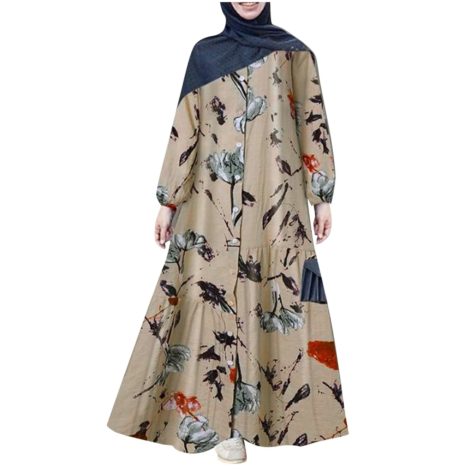 Mulheres abayat vestido muçulmano algodão linho manga longa abaya femme moda solta casual floral europa américa médio oriente roupas