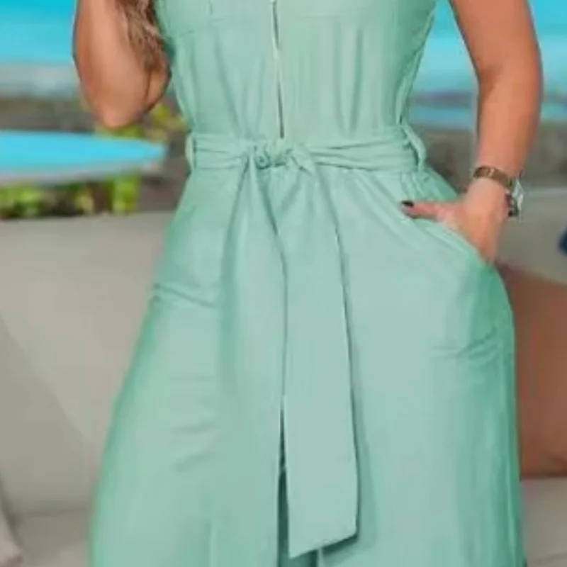 بذلة أنيقة بياقة قميص بدون أكمام بلون سادة وسحاب وحزام واسع الساق ملابس للسيدات قطعة واحدة سراويل طويلة