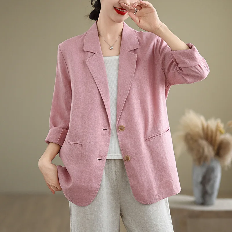 Autumn New Cotton and Linen Artistic Loose Fitting Suit Collar Long Sleeved Small Suit Jacket Tempering Women's Top