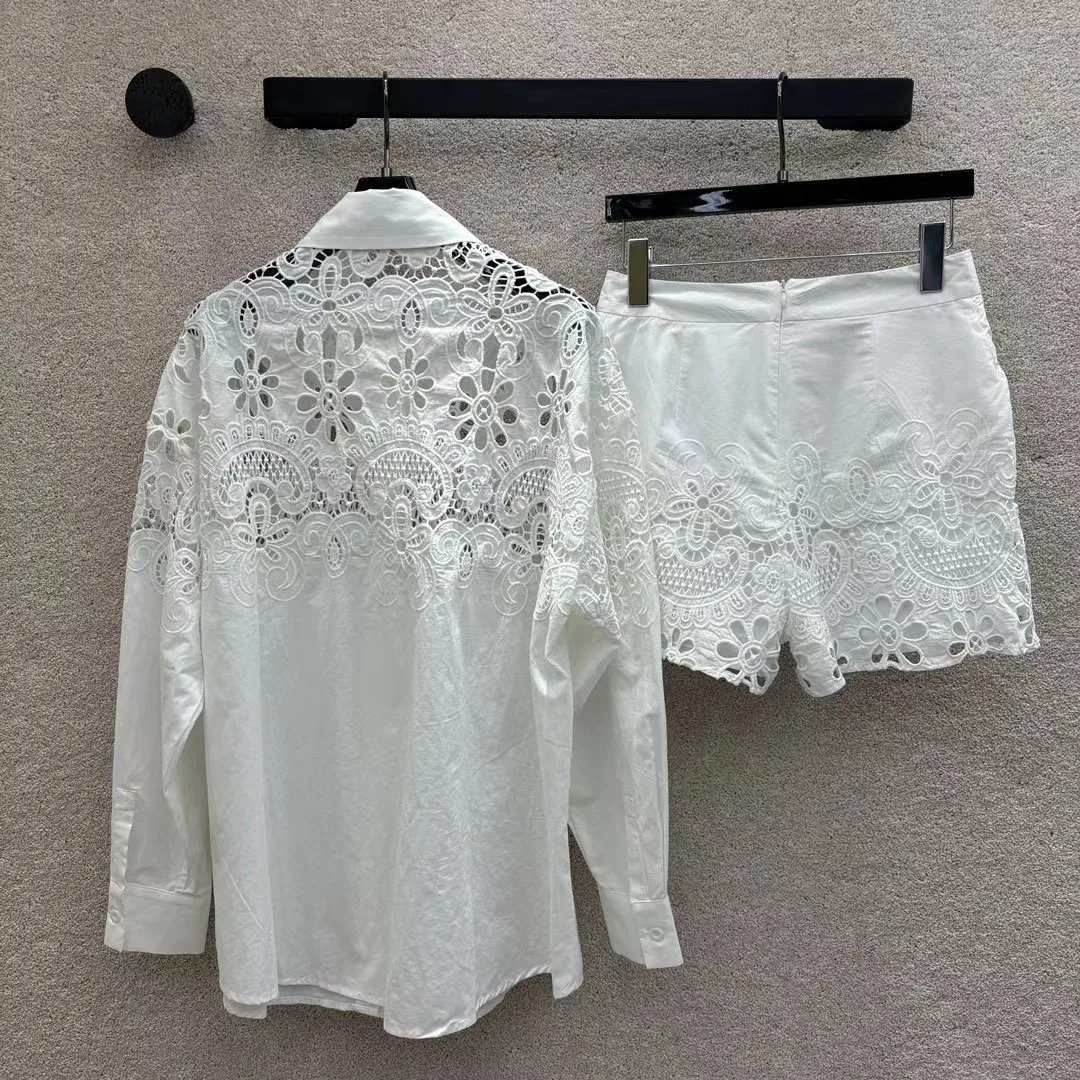 High end customized new women's embroidered hollow shirt set