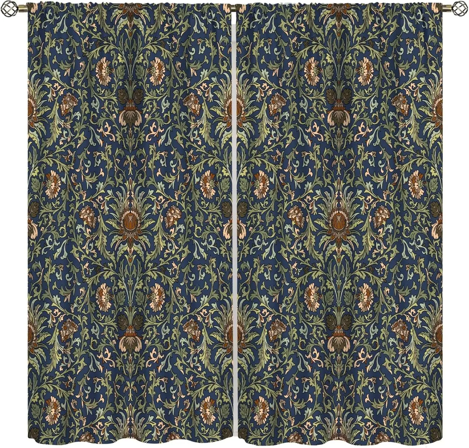 Bohemian Plant Flowers Curtain, Mid Century William Morris Art Vintage Pattern Printed Rod Pocket Window Drapes  Bedroom Living