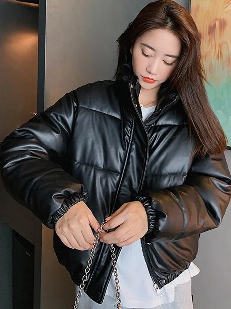 Winter Warm Thick PU Leather Coats Women Short Parkas Fashion Black Cotton Padded Lady Down Jacket Elegant Zipper Clothes 2024