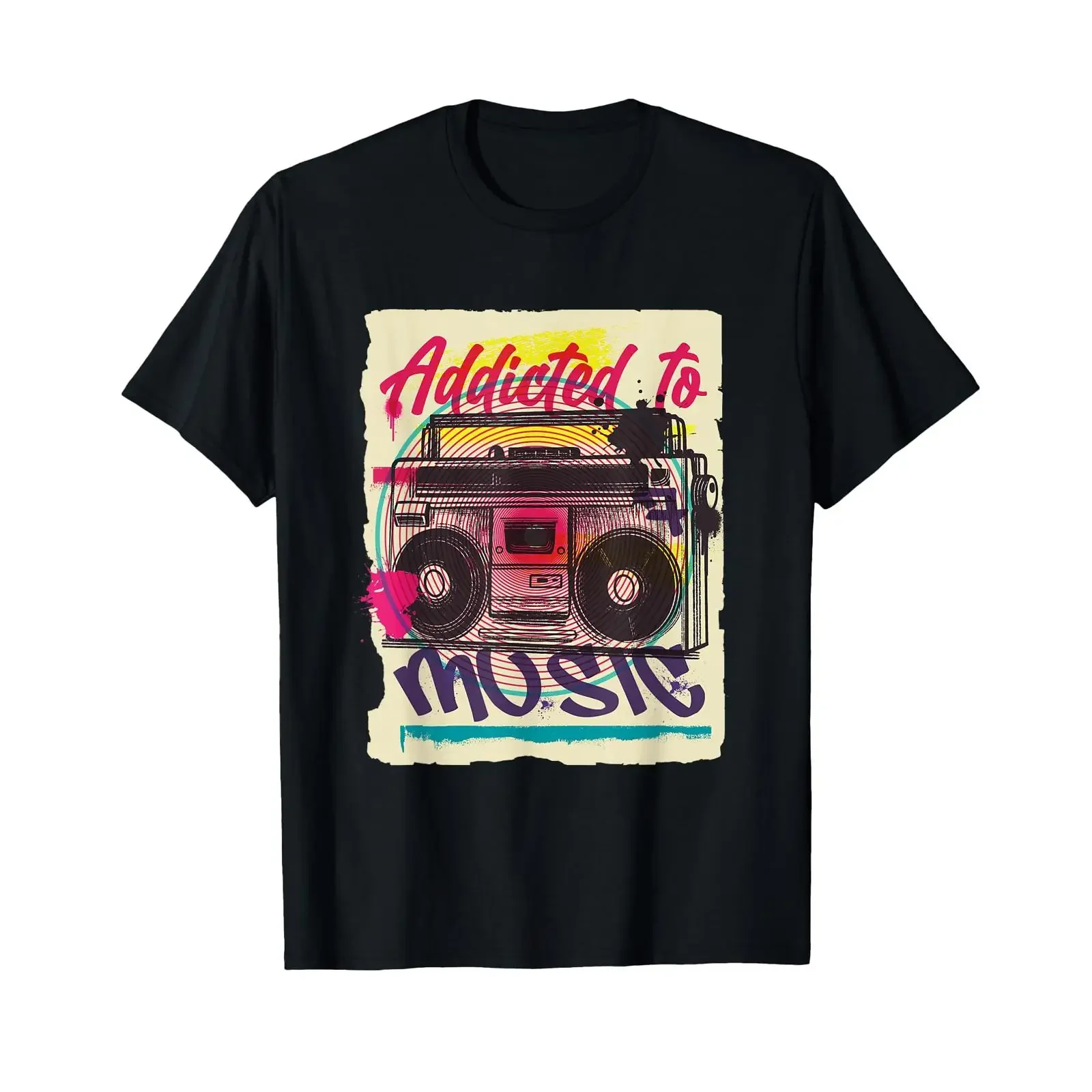 Addicted to Music Boombox T Shirt vintage Washed graphic Stylish Unisex Casual designer clothes Stretched homme Versatile