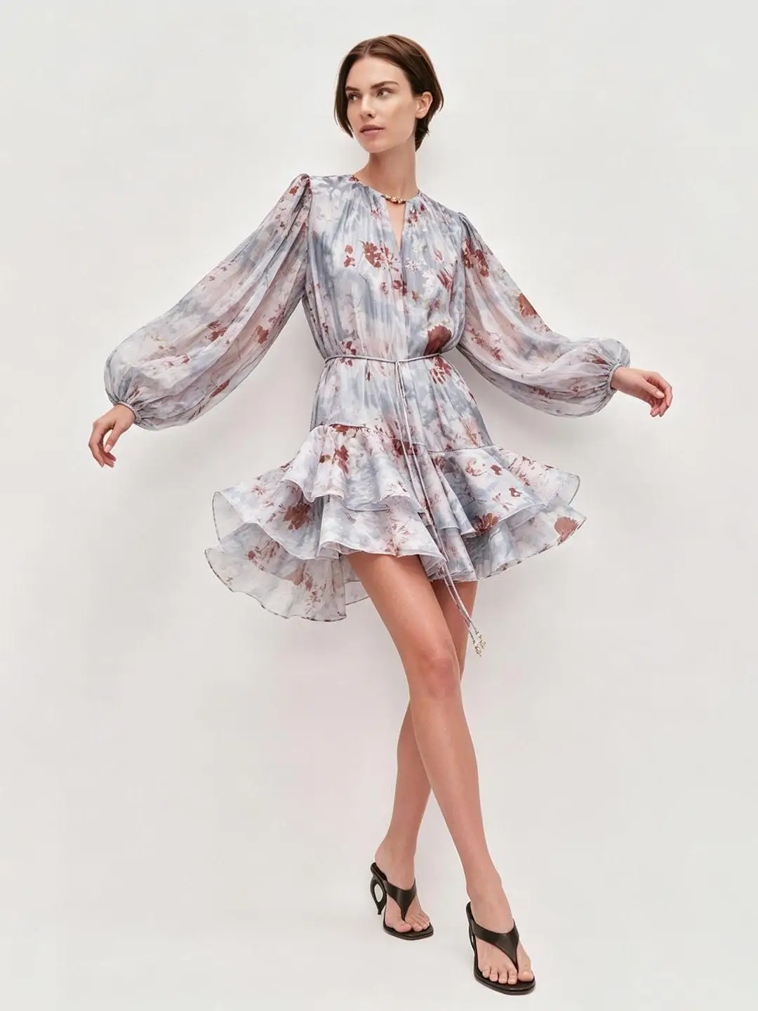 Island Vacation Floral Print Short Skirt High Waist Bubble Sleeve Drawstring Dress Summer Ins Style Cake Skirt Polyester Cott...