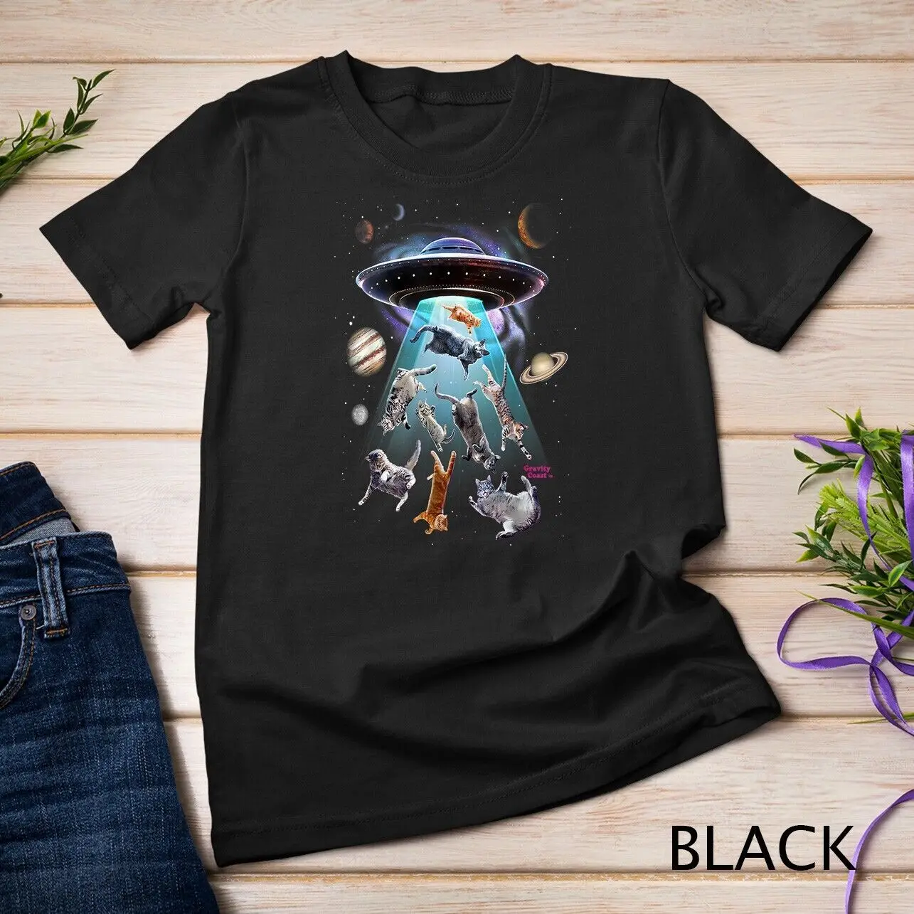 

Aliens Abducting cats into Flying UFO Saucer in Cosmic Space T shirt