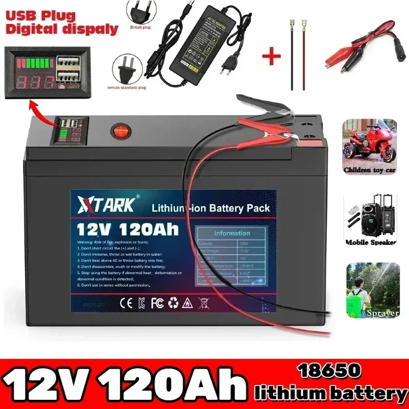 

12V Battery 120Ah 18650 lithium battery pack Rechargeable battery for solar energy electric vehicle battery+12.6v3A charger