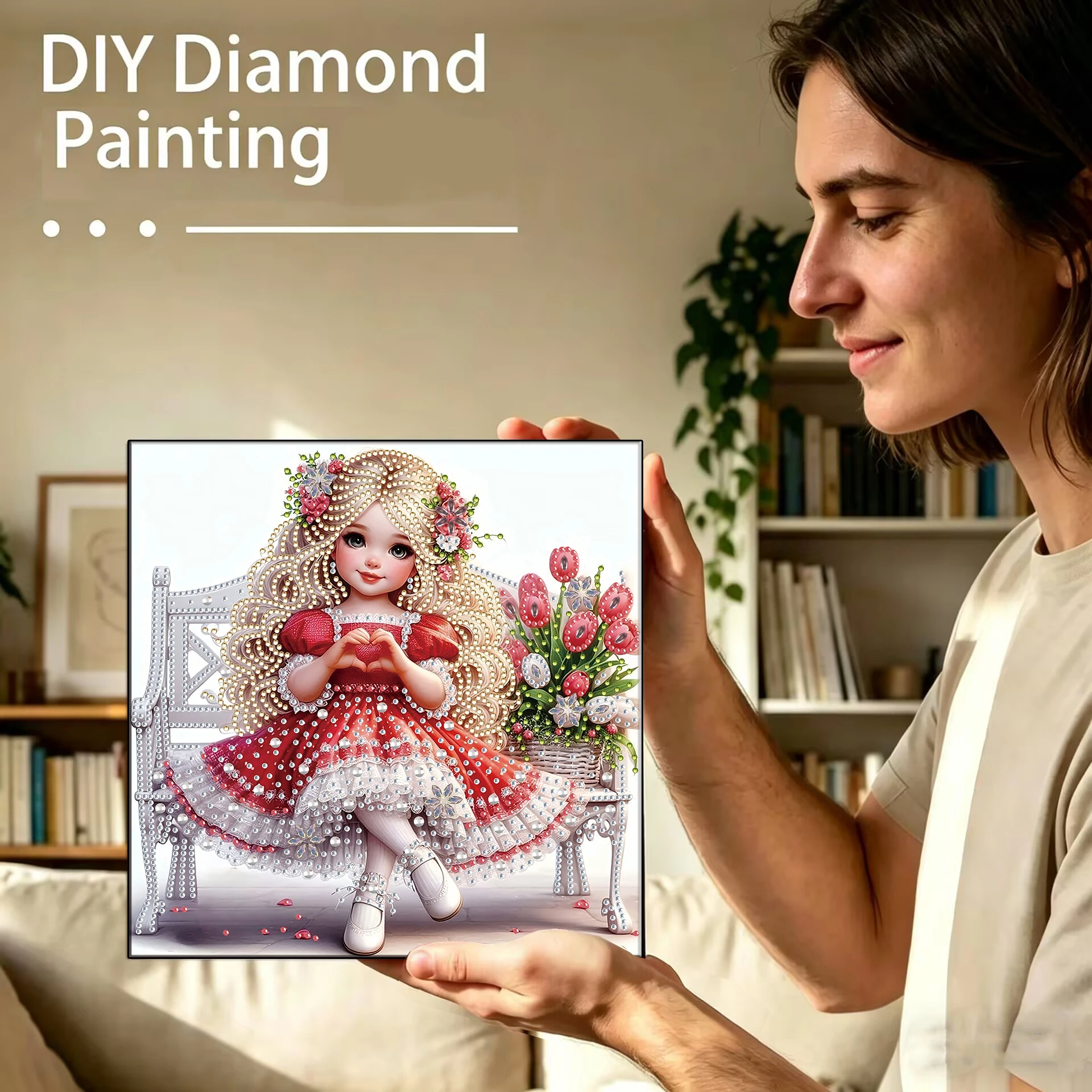 A set of diamond paintings of a girl sitting in a rocking chair, partially decorated with uniquely shaped crystal diamonds, suit