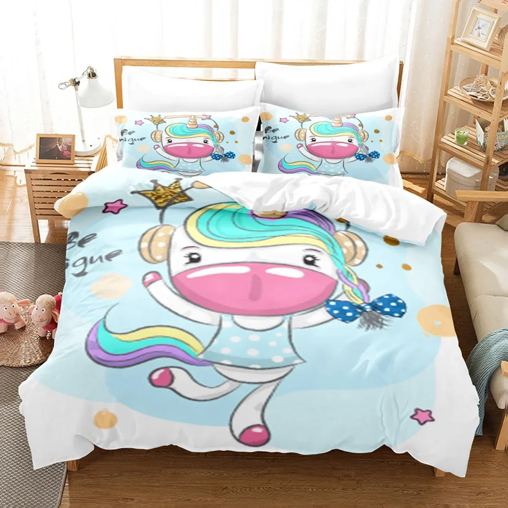Quilt Cover Sets Kid Bedroom Comforter Set Single Size Pink Unicorn Cartoon Bed Linens Happy Birthday Kids Bedding Comfortable