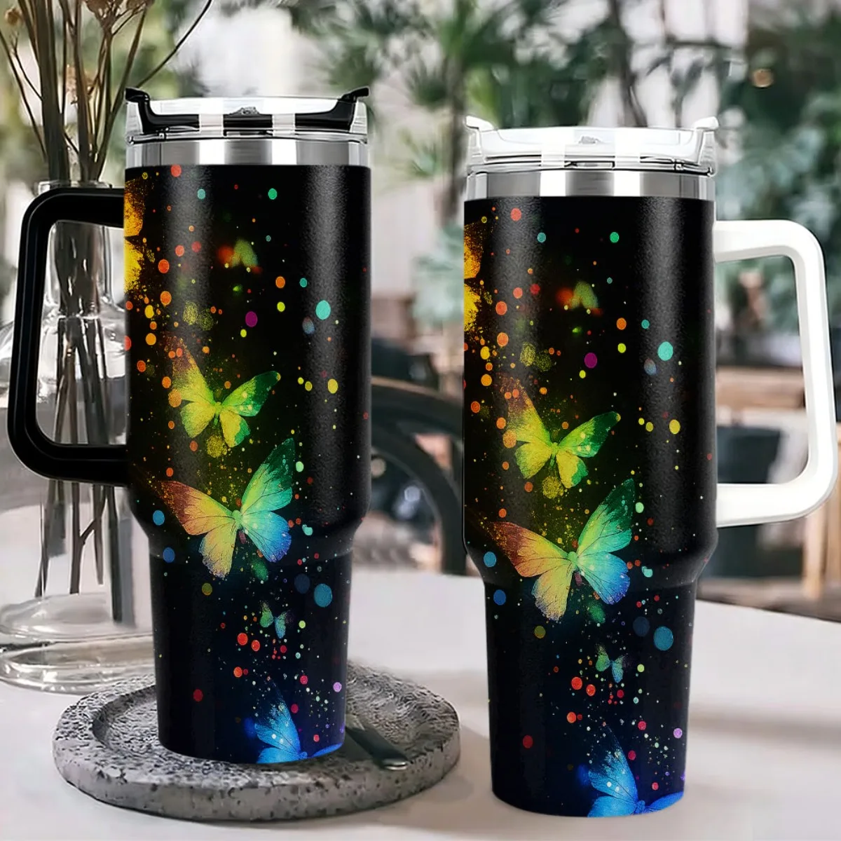40oz Tumbler with Handle Colorful Glitter Butterfly Black Background Print Insulated Cup, Other colors sold out, random black or white shipment for other color orders