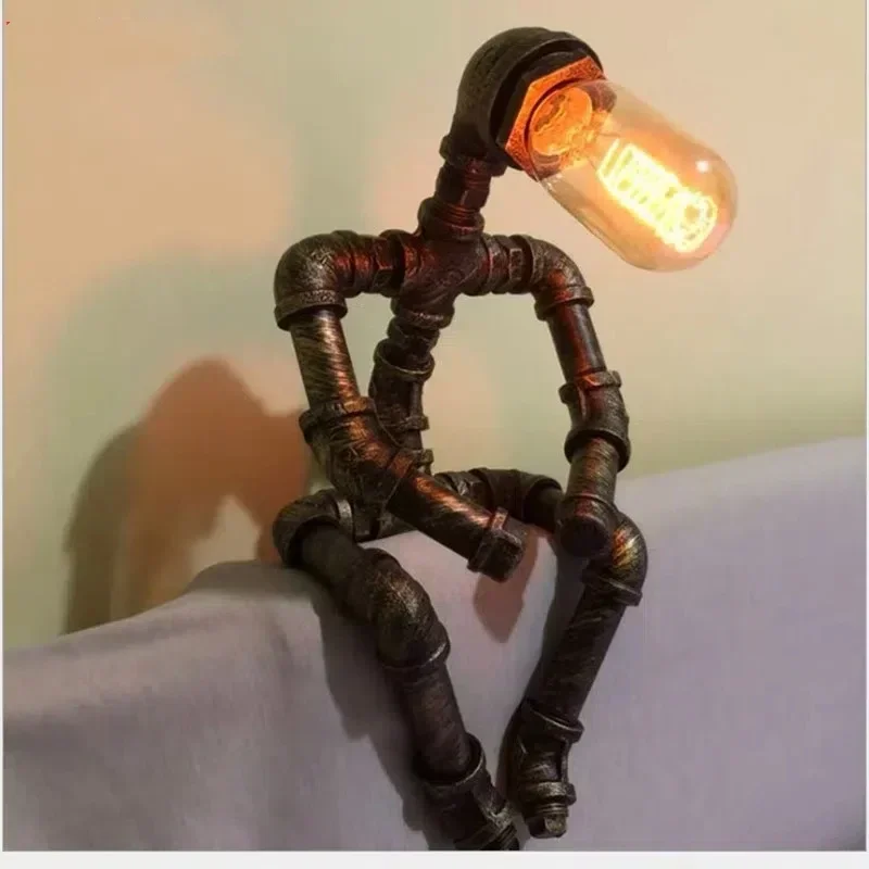 Vintage Steampunk Desk Lamp Pipe Light Unique Industrial Style Robot Bedside Table Lamp for Bedroom Restaurant Cafe Decoration