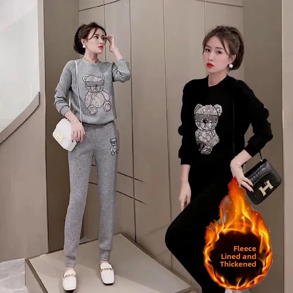 여성용 기모 안감 스웨트 셔츠 세트 스포츠 팬츠 곰 패턴 202 겨울 신상 플러스 사이즈 패션 세트