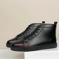 Men's shoes with high top, red sole, black leather, smooth surface, diamond free, nail free genuine leather, couple's large casu