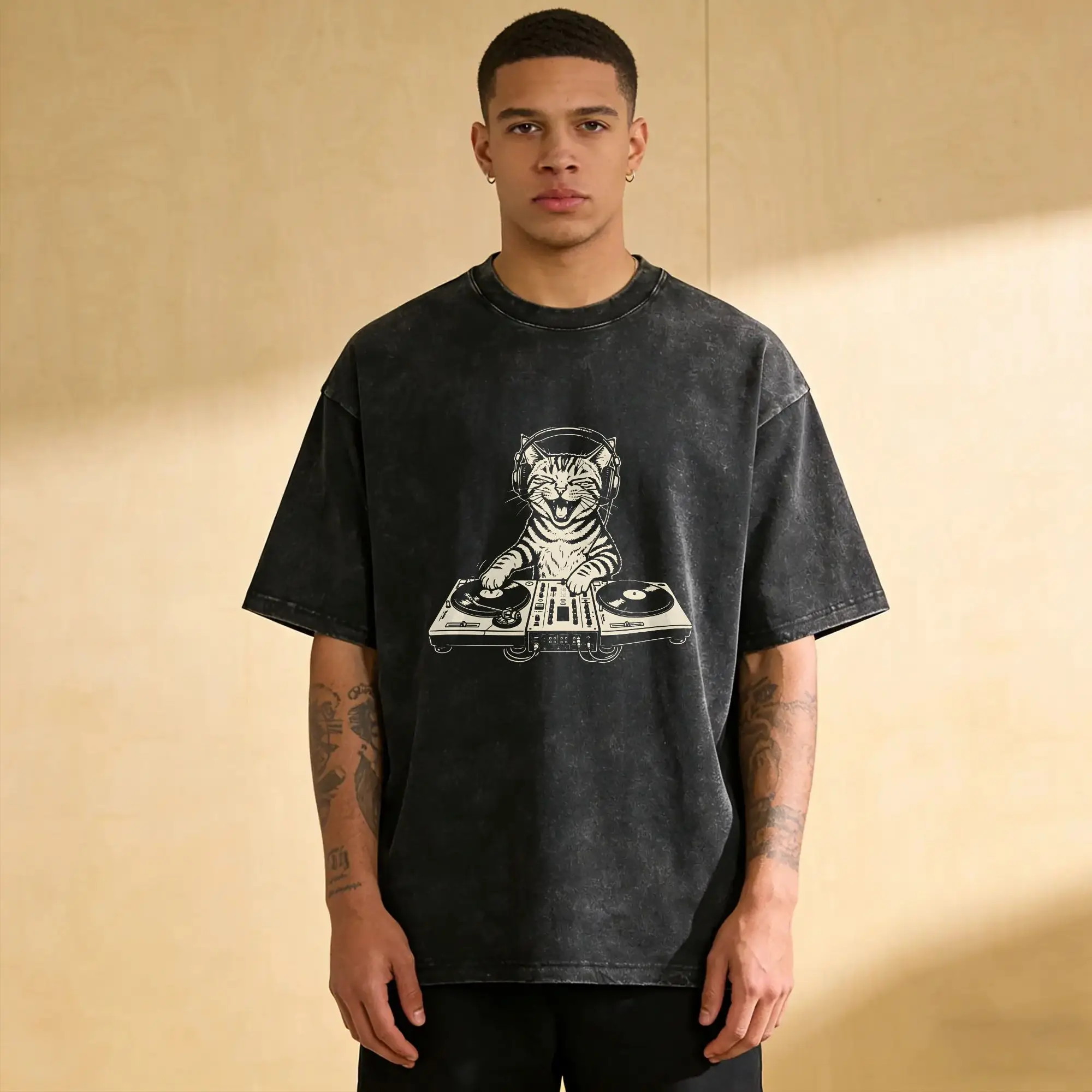Cat DJ Graphic T Shirt for Men Cotton Hipster T-Shirt Crewneck  Tees Short Sleeve Tops Gift Idea
