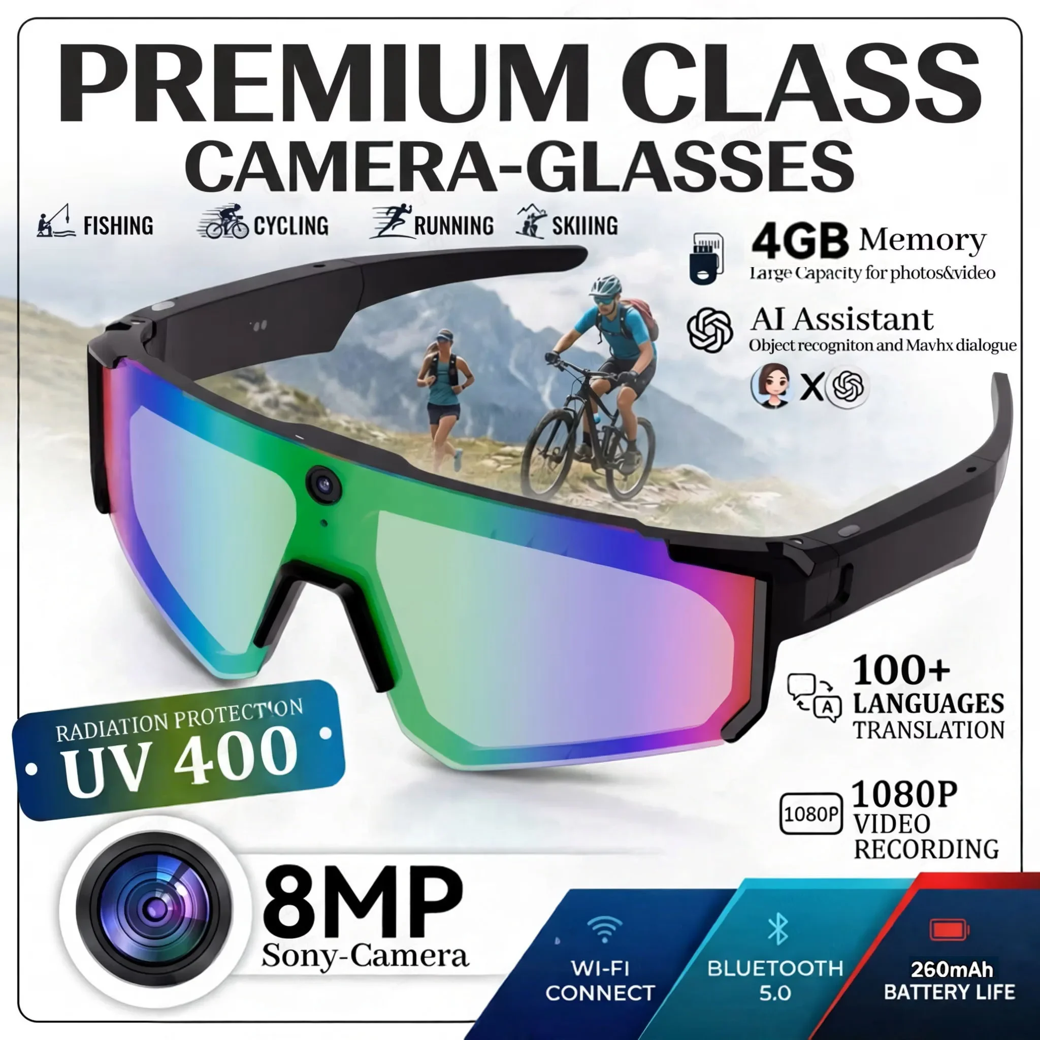 4K Polarized AI Smart Glasses Sunglasses with 800W Camera 100+ Language Translation Protection IP54 for Cycling & Driving Goggle