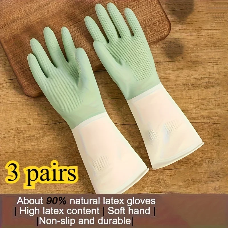 

3 Pairs Non-Slip Kitchen Gloves, Beige & Mint Green Thick Dishwashing Gloves, Ergonomic Durable Household Cleaning Gloves