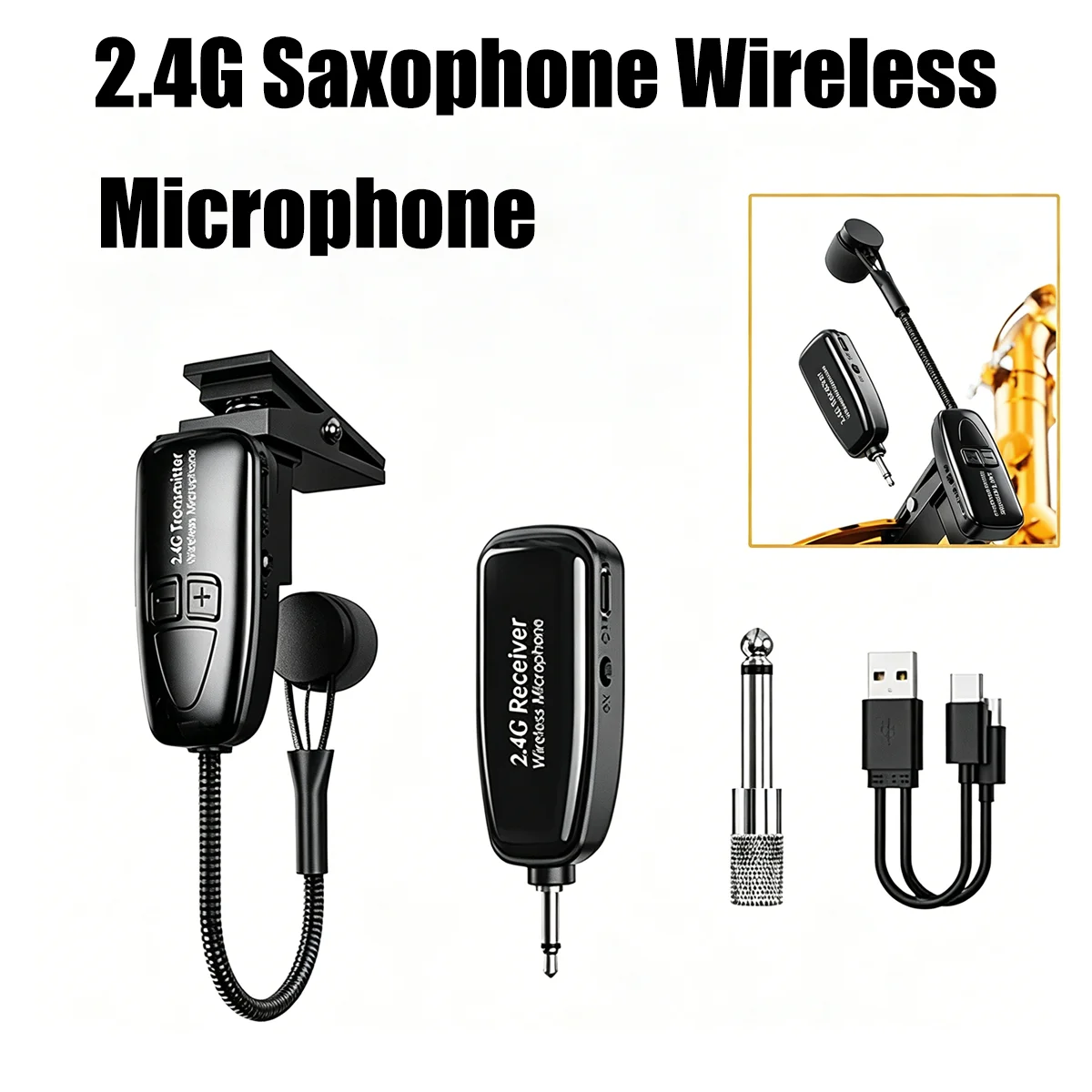 Miwayer 30m Range 2.4G Wireless Clip-On Microphone, Condenser Mic for Saxophone Trumpet Trombone Performance