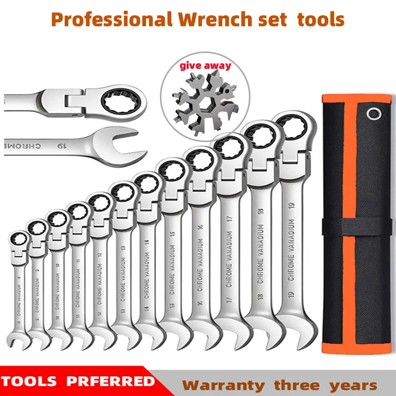 Active Head Ratcheting Wrench Set Metric Adjustable angle  Ratchet Combination Wrenches CR-V Spanner Set Car Repair key ToolsBag