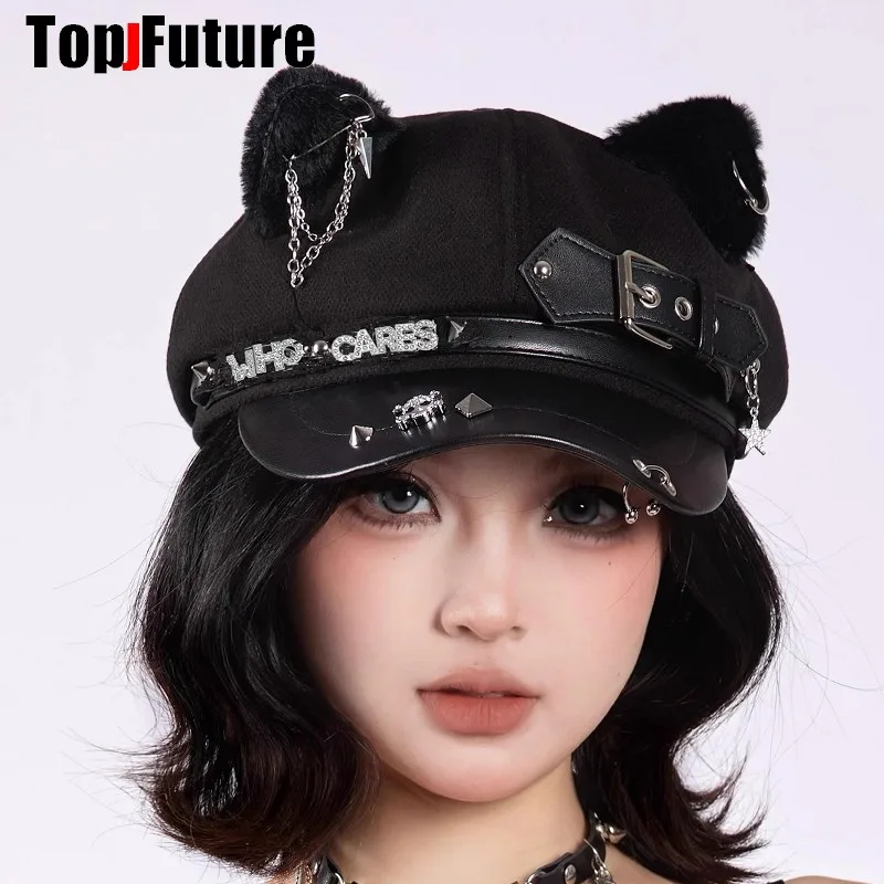 Women Cat's Ears Harajuku Gothic Lolita Beret Y2K Girl Steampunk Punk Biomimetic Cat Science Spike Sun Hat Bling Bing Rivet Cap