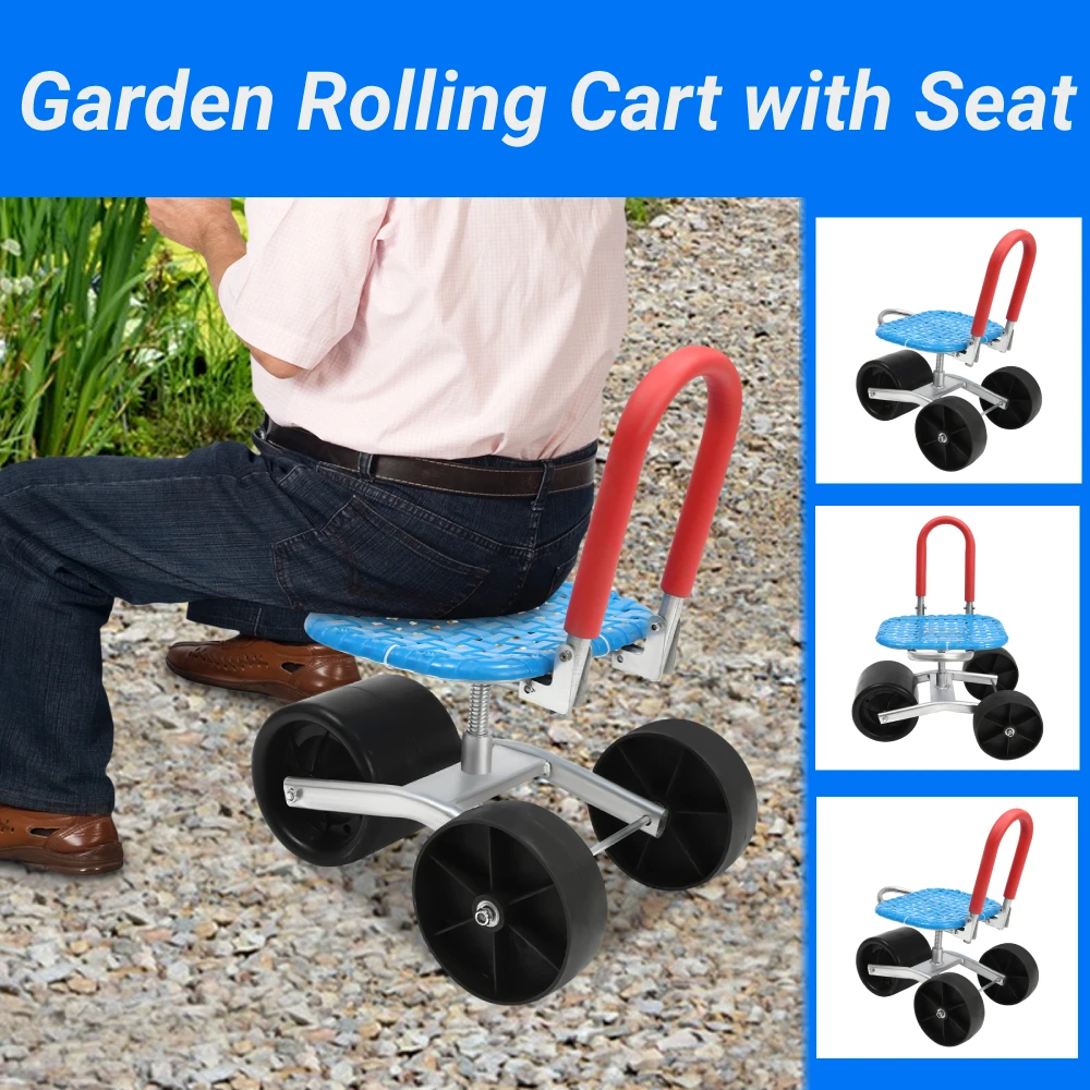 Garden Rolling Cart with Seat Outdoor Garden Stool Scooter Rolling Work Seat Adjustable Height Gardening Work Stools 360° Swivel