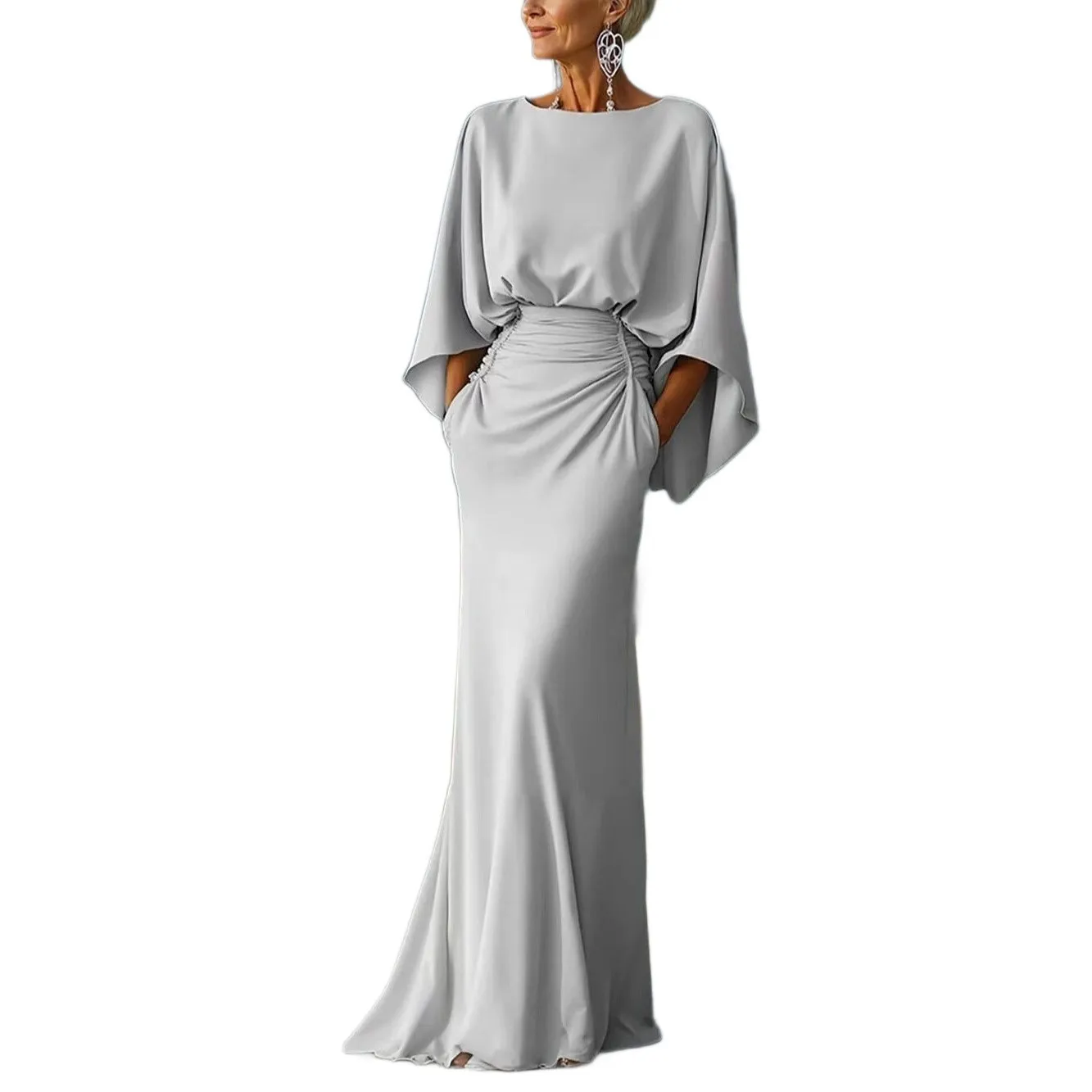 Ruched Pleated Dress Loose Fit Private Celebrity Style with Batwing Sleeve Maxi Length Fitted Spring Pleated Dress for Women