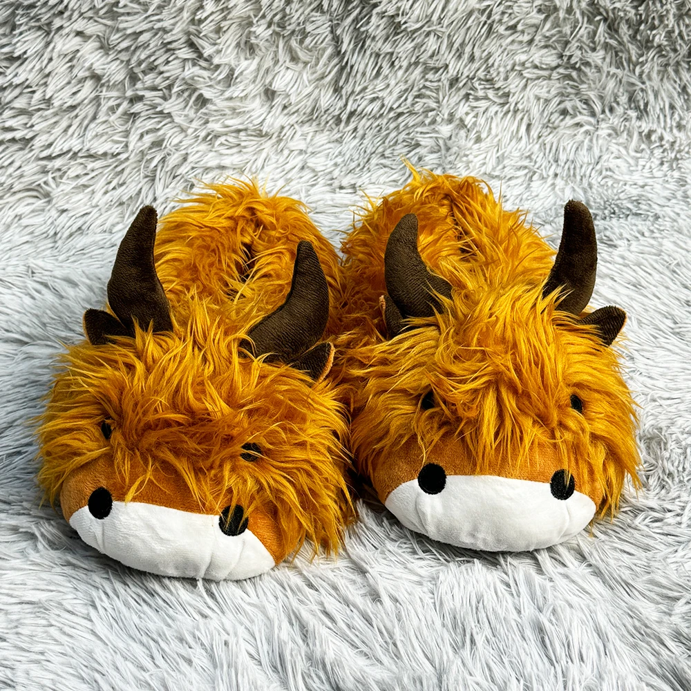 Rytanda New Cute Fluffy Cow Slippers Women Men Cartoon Mike Cow Warm Plush Slippers Couple's Indoor Platform Slides Cotton Shoes